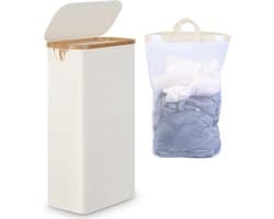 Smal Beige Wasmand met Deksel - 63 Liter - Opvouwbaar - Bamboegrepen