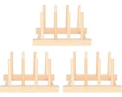 3Set Houten Bordenrek Stand, Keukengerei Kom Schotel Afdruiprek Houten Plank Woondecoratie voor Aanrecht