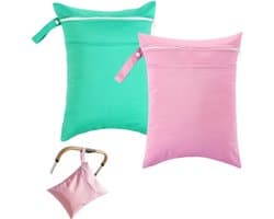 2 stuks natte zakken, 40 x 30 cm, waterdichte waszak in groen en roze, reistas met twee ritssluitingen, kleine tas voor natte spullen, ideaal voor badmode, strandhanddoeken en luiers