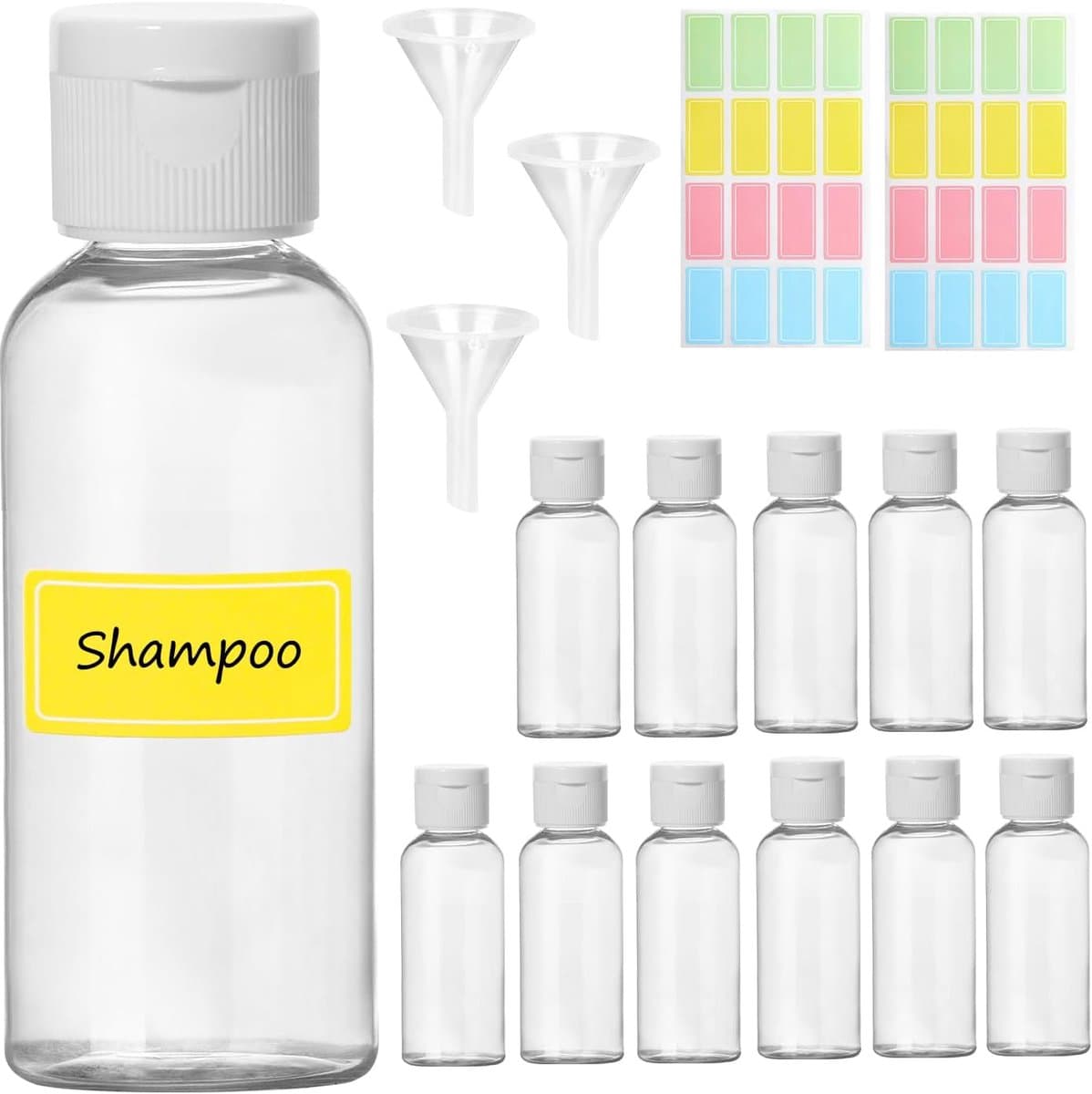 12 stuks 50 ml reisflessen set van kunststof, transparant, met 3 trechters en 2 etiketten voor shampoo, douchegel, lotion, make-up remover — afbeelding 1