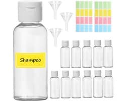 12 stuks 50 ml reisflessen set van kunststof, transparant, met 3 trechters en 2 etiketten voor shampoo, douchegel, lotion, make-up remover
