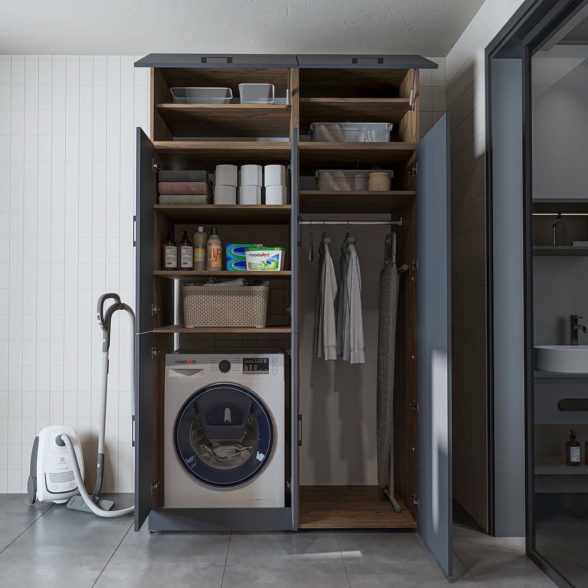 Roomart DORA-II Wasmachine Ombouwkast 130x230 cm met Opzetkast - Antraciet Eiken — afbeelding 1