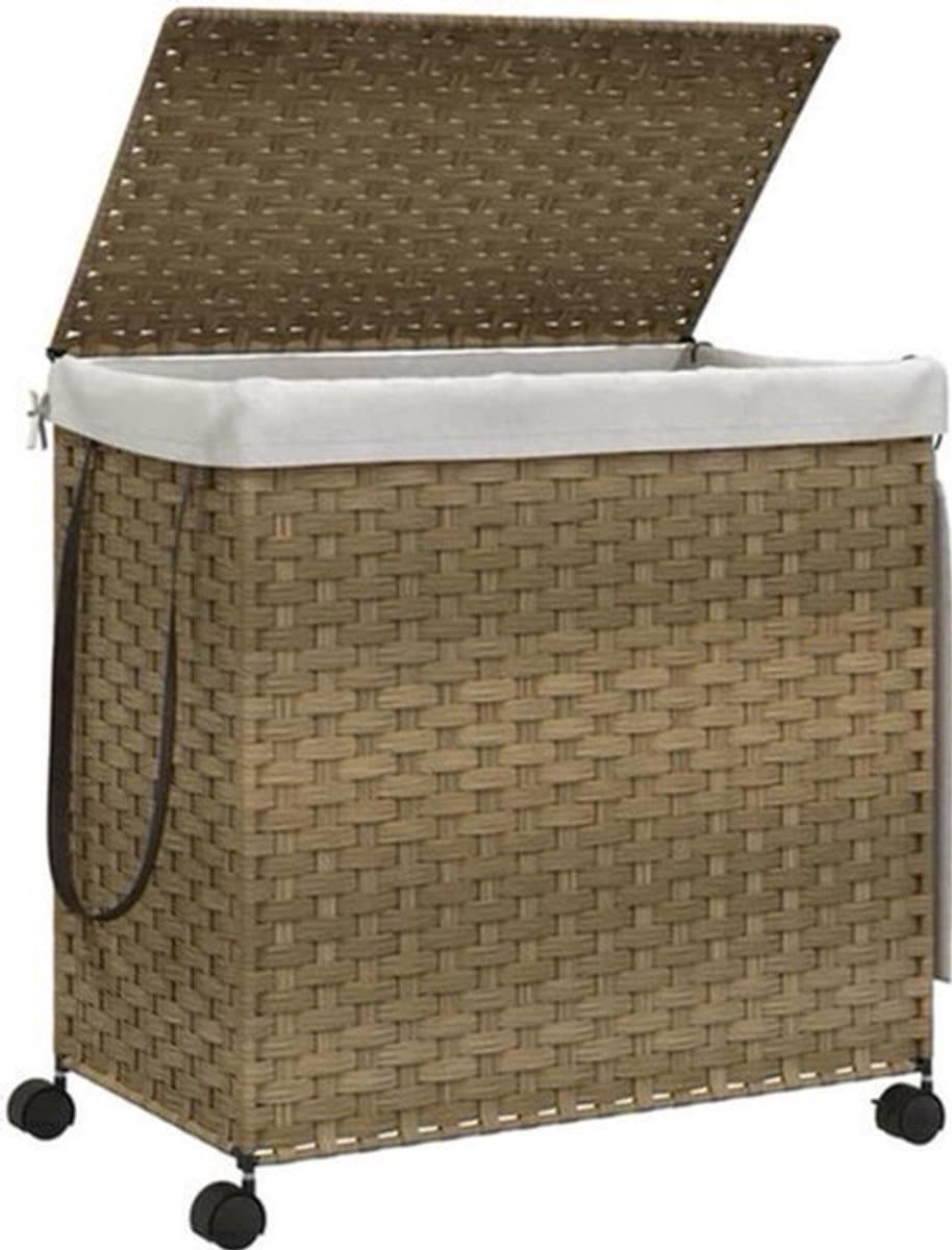 Wasmmand Rieten Wasmand Wasbak Wasmand Met Wielen – Handgeweven Riet – 4 Wielen Met Remmen – Afneembare Wasbare Binnenzak – Inklapbaar En Ruimtebesparend — afbeelding 1