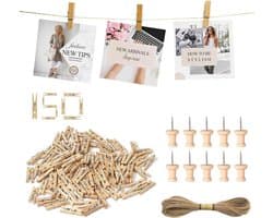150 Mini Houten Knijpers Set met 10m Jute Touw en Spijkers - Decoratieve Klemmen voor Foto's en Knutselen