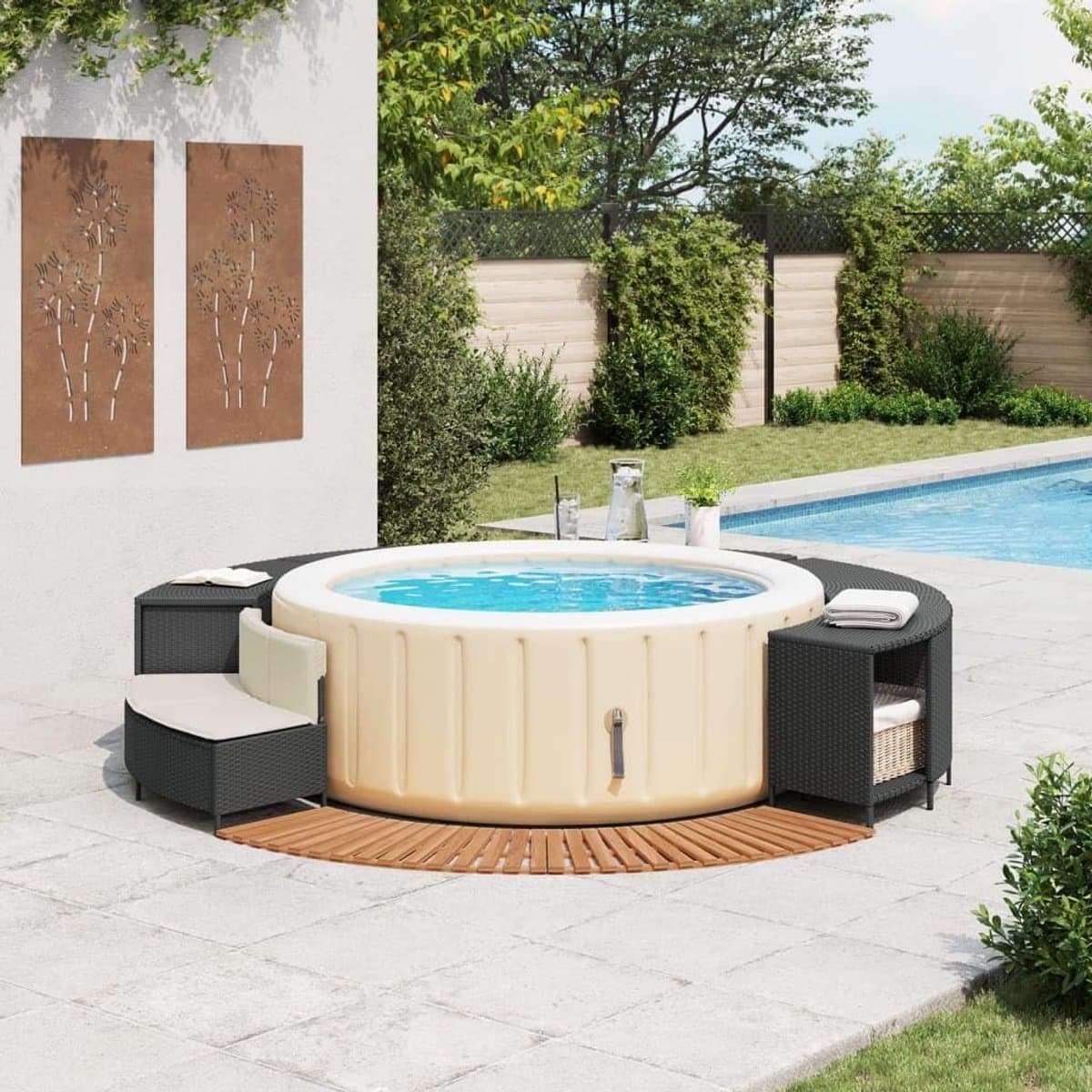 Luxe Spa-Ombouw met Opslag, Acaciahout & Zwart Polyrattan – Geschikt voor Opblaasbare Jacuzzi’s – Inclusief Bank, Trap & Opbergvakken – Spa Edge Surround – Alta Furniture — afbeelding 1