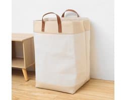 Webzon – Wasmand – Wasmanden – Wasmand inklapbaar – Opvouwbare Wasmand – 30×35×55 cm – Engels design – Jute stof met leren handvatten – Opbergmand – Opvouwbaar en ruimtebesparend – Creme-beige
