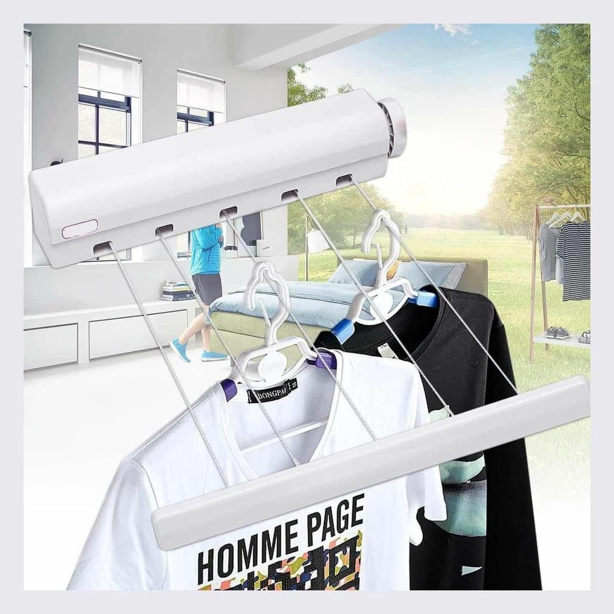 Waslijn Wandmontage - Intrekbare Drooglijn - Kleding Drogen - Vijf Sterke Lijnen - 18 Meter Droogruimte - Wit — afbeelding 1
