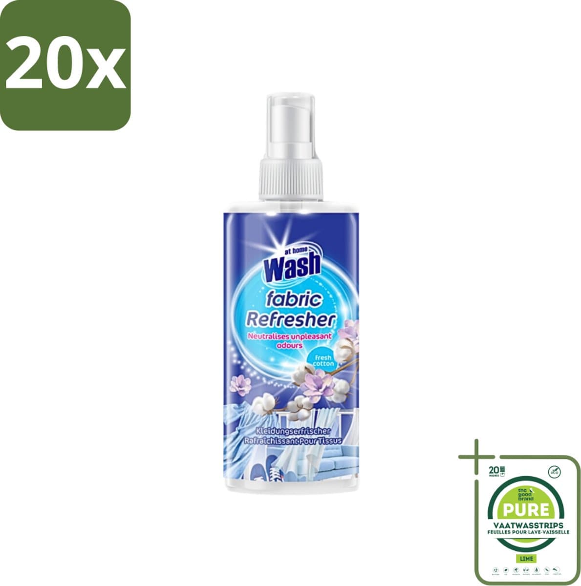 20 x At Home - Wash - Textielverfrisser - Fresh Cotton - Neutraliseert Onaangename Geuren - 300 ml - Grootverpakking - Textielverfrisser - Katoengeur - Geur Neutraliseren - Kleding Verfrissen - Stoffen Verfrissen — afbeelding 1