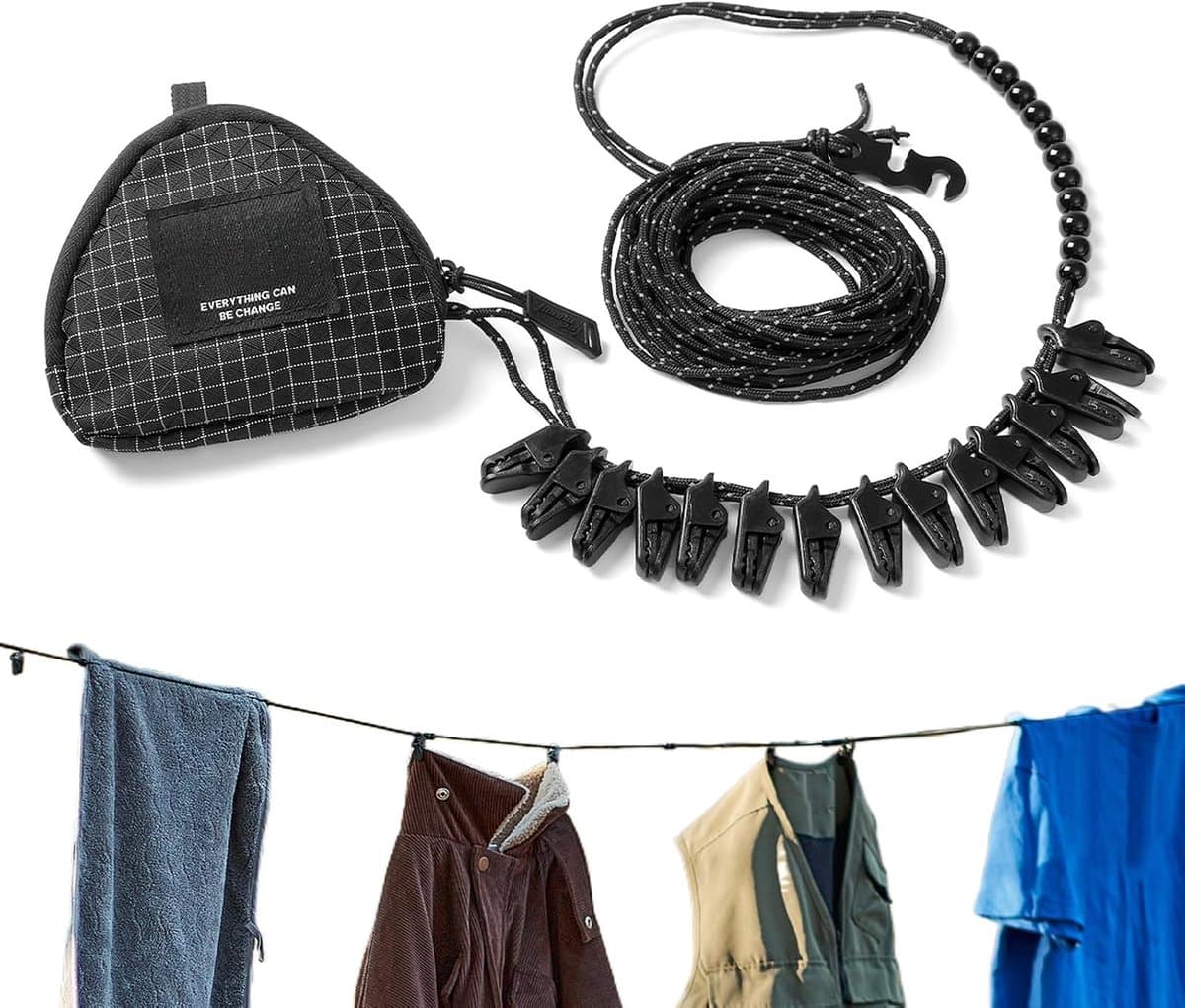 Waslijn met Clips - Drogende Lijn - Kleding Drogen - Windbestendige Steun - 1 Meter - Zwart — afbeelding 1