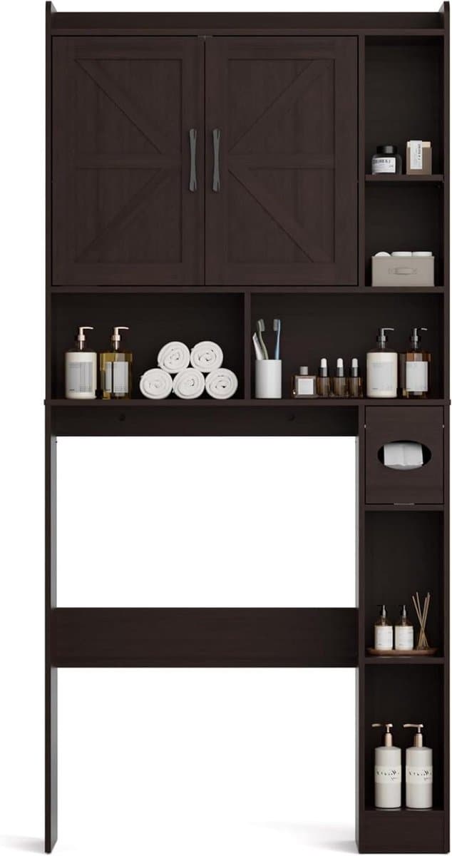 Wasmachinekast met deuren - Opbergkast badkamer - Ruimte organiseren - Verstelbare planken - 70x90 cm ruimte - Donkerbruin — afbeelding 1