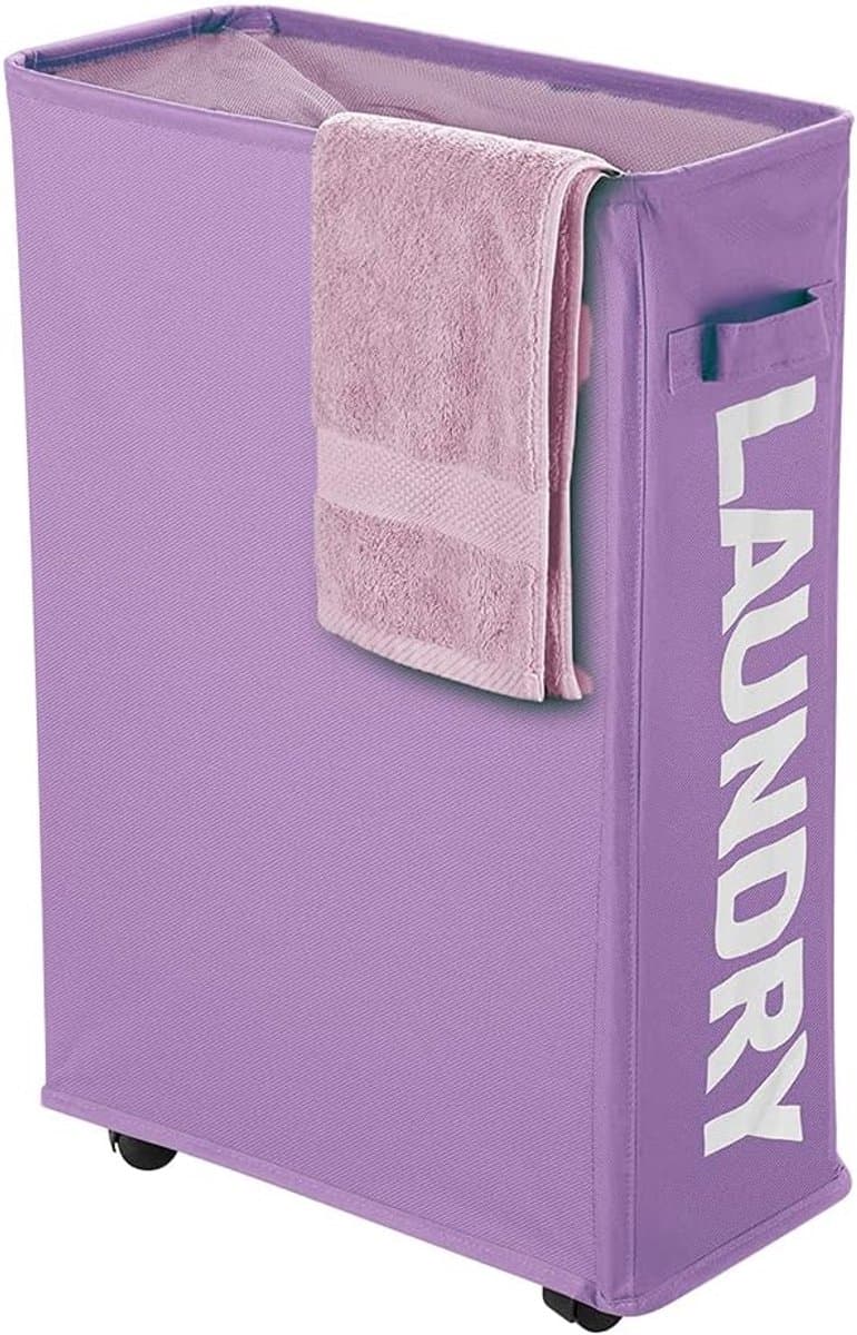 SnelShoppen - Wasmand met Wielen, 40 Liter Opvouwbare Wasverzamelaar met Wieltjes, Smalle Rechthoekige Wasmand, Opbergzak voor Badkamer, Vuile Wasmand — afbeelding 1