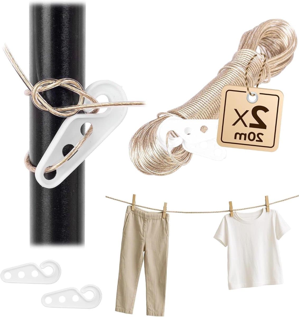 Waslijn Set - Waskoord - Kleding Drogen - Extra Sterke Kern - 2x 20 Meter - Transparant — afbeelding 1