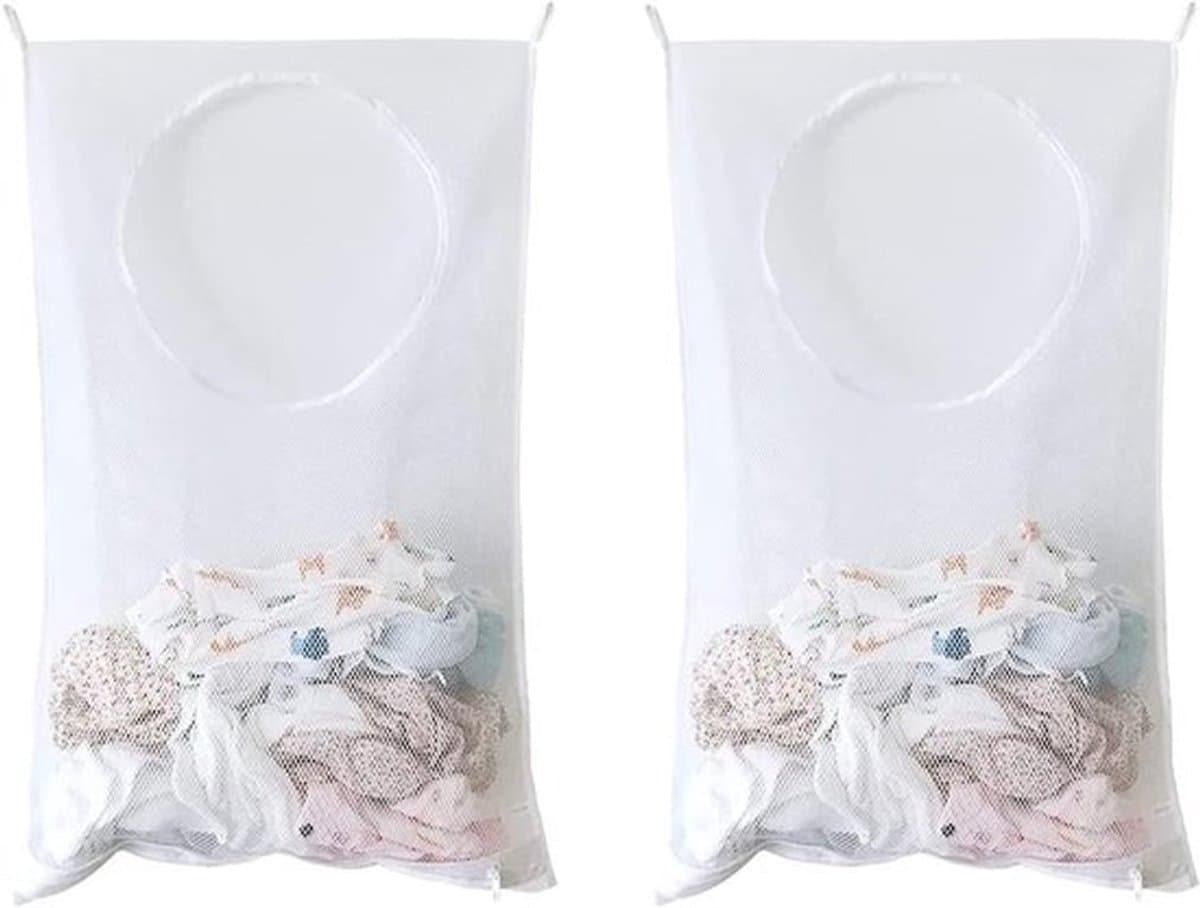 Set van 2 hangende wasmanden in wit, gemaakt van duurzaam materiaal, ideaal als waszak en organizer voor slaapkamer en badkamer met handige deurbevestiging — afbeelding 1