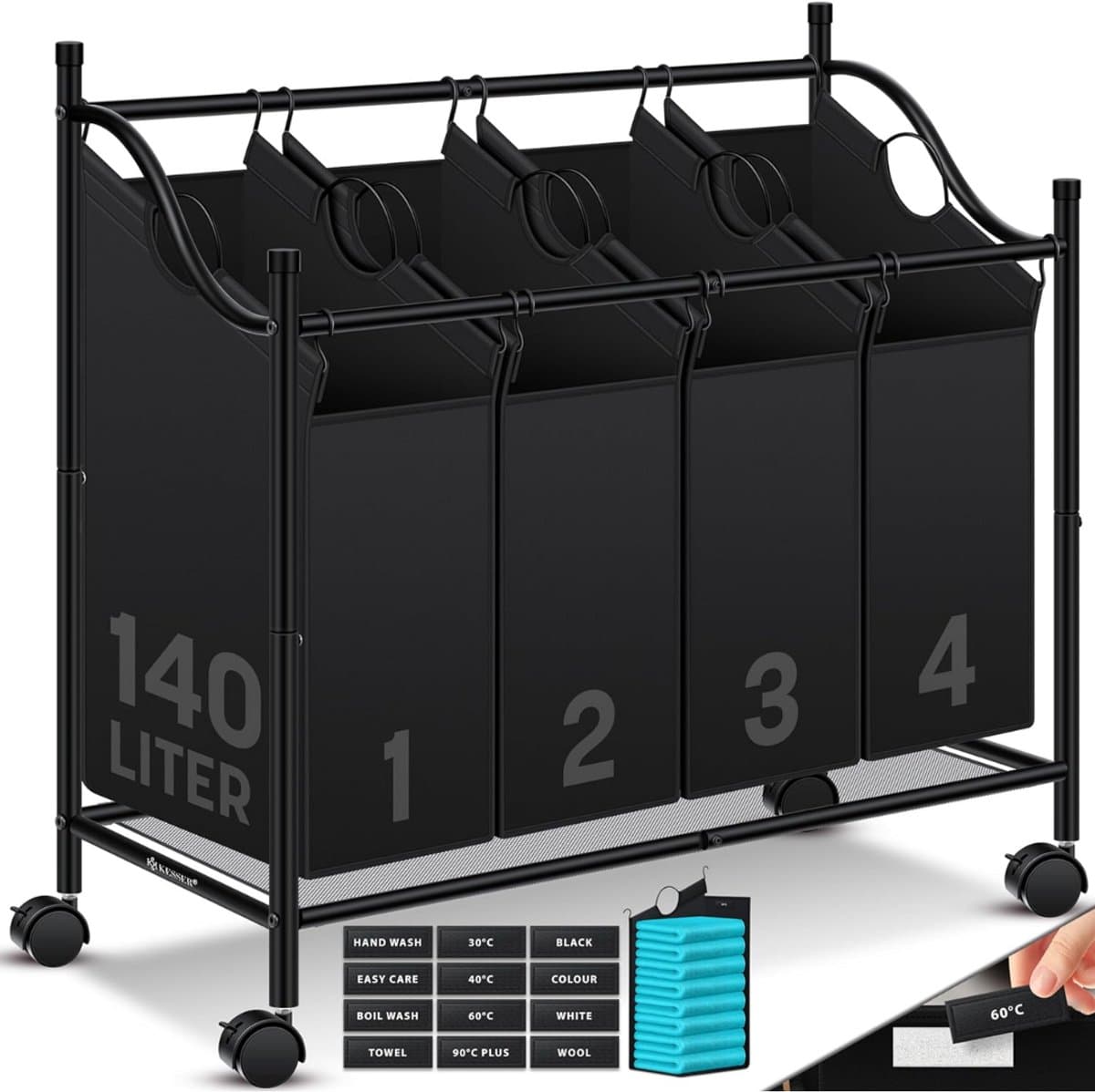 ApexArte® Wassorteerder 4 Vakken - Wasmand - 140 L - Zwart — afbeelding 1