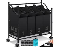 ApexArte® Wassorteerder 4 Vakken - Wasmand - 140 L - Zwart