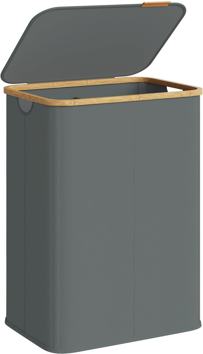 SONGMICS LCB519GN01 - Wasmand met Deksel - 2 Compartimenten - Opvouwbaar en Bamboe Frame — afbeelding 1
