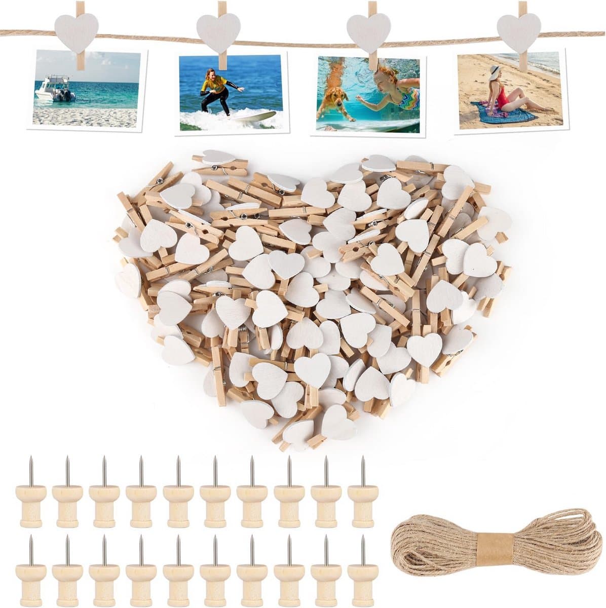100 stuks Hartvormige Wasknijpers Set met Jute Koord en Beeldnaalden voor Foto's en Decoratie — afbeelding 1