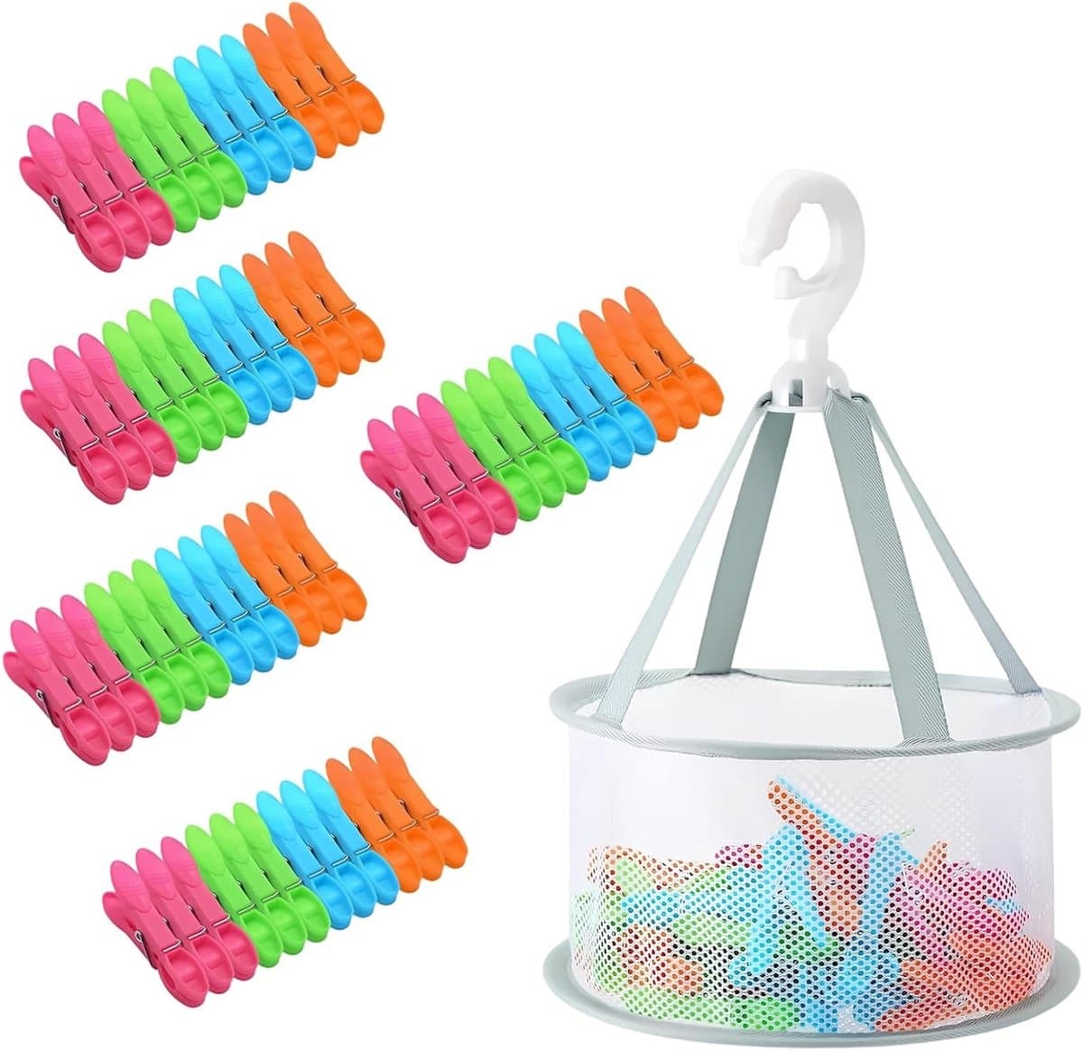 Kleurige en Winddichte Kledingknijpers met Opbergmand, 60 Stuks, Perfect voor Kleding en Sokken, Inclusief Clips en Net — afbeelding 1