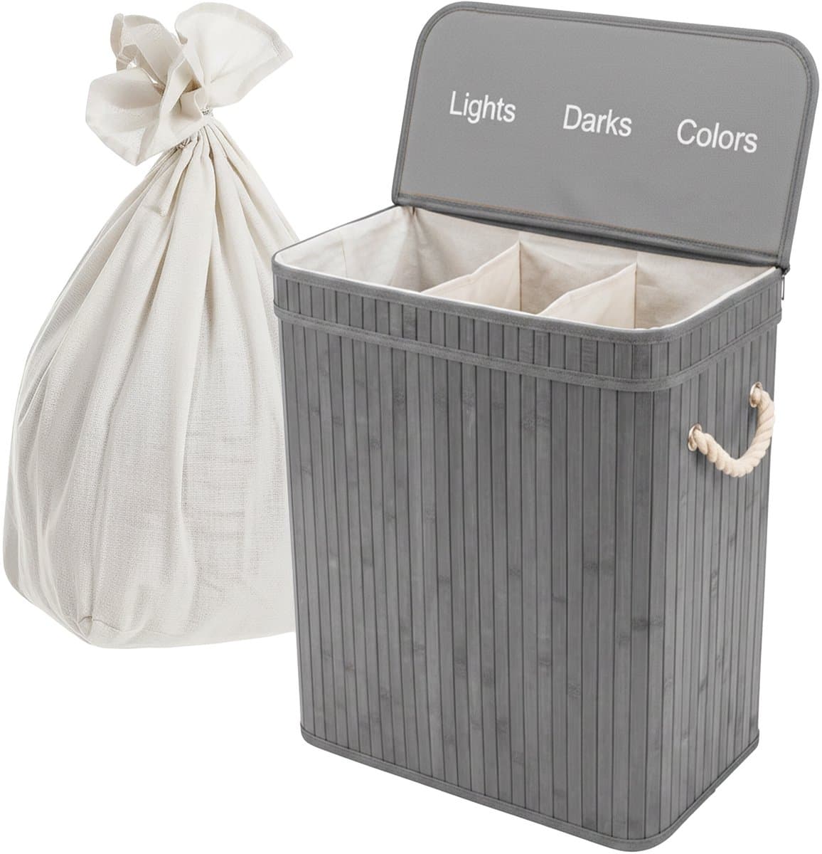 Wasmand 3 vakken - 105 l - opvouwbaar - bamboe - grijs — afbeelding 1