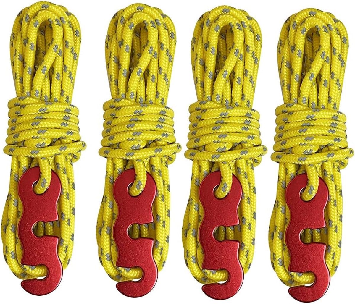 Tentscheerlijnen met spanners en touwverstellers — 4 mm x 4 m reflecterend koord — Geschikt voor kamperen, wandelen, luifels en buitenactiviteiten (Geel) — afbeelding 1