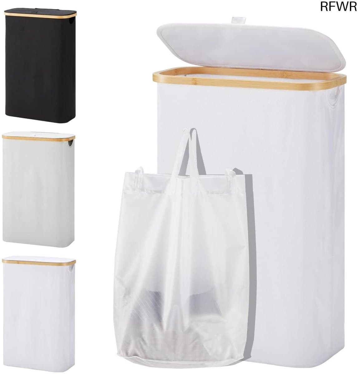 RFWR® Wasmand met Deksel - 48 Liter Smal en Opvouwbaar met Waszak - Houten en Bamboe Design — afbeelding 1
