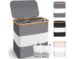 2 vakken, 102 l, XL, met deksel, opvouwbare wasmand met zijvak, uitneembare waszak, bamboerand, waterdicht, vuile wasmand voor slaapkamer, badkamer, grijs