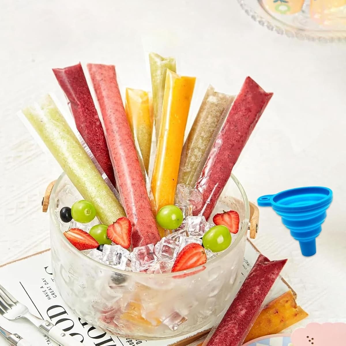 Herbruikbare Waterijskoudbakjes met Trechter - Transparant - 5,5 x 28 cm - Duurzaam PE Materiaal - Voor Zelfgemaakte IJsjes en Smoothies — afbeelding 1