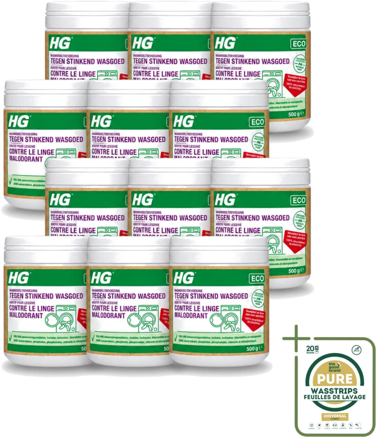 12 x HG ECO - Wasmiddeltoevoeging Tegen Stinkend Wasgoed - Effectieve Formule - 16 Wasbeurten - 500 g - Wasmiddel - Stankmoleculen - Wasgoed - Wasmiddeltoevoeging - Stinkend Wasgoed — afbeelding 1