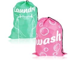 com-four 2 x waszak voor reizen, opvouwbare wasverzamelaar met trekkoord, 69 x 50 cm (02 stuks, mintgroen/roze)