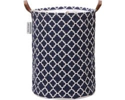 Team Marokkaans roosterpatroon Wasmand Canvas Wasmand Opvouwbare opbergbak met PU-lederen handgrepen en trekkoordsluiting, 19,7 bij 15,7 inch, waterdichte binnenkant, donkerblauw