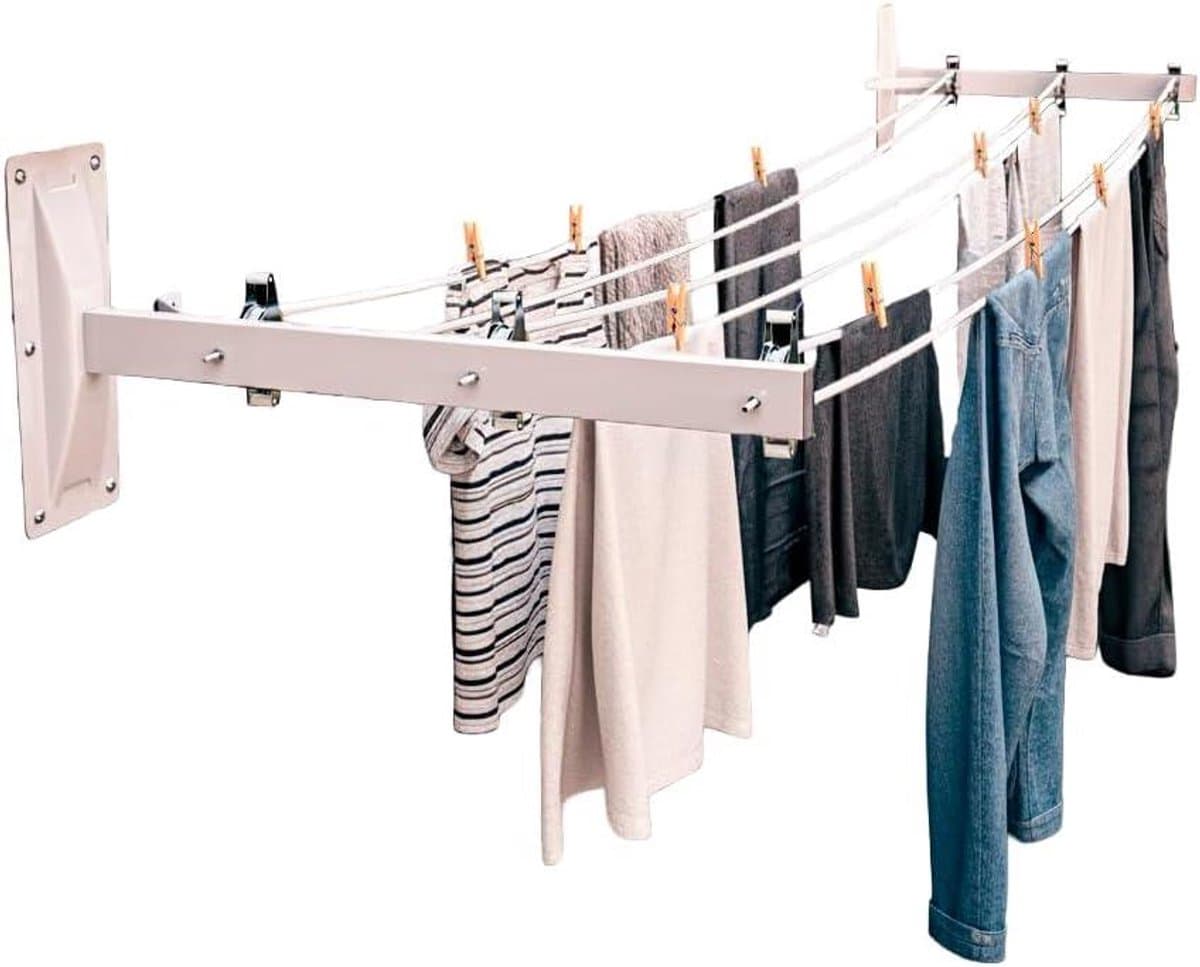 Wandwaslijn - Wasrek buiten - Kleding drogen - Zes roestvrij staal katrollen - 45 cm breed - Wit — afbeelding 1