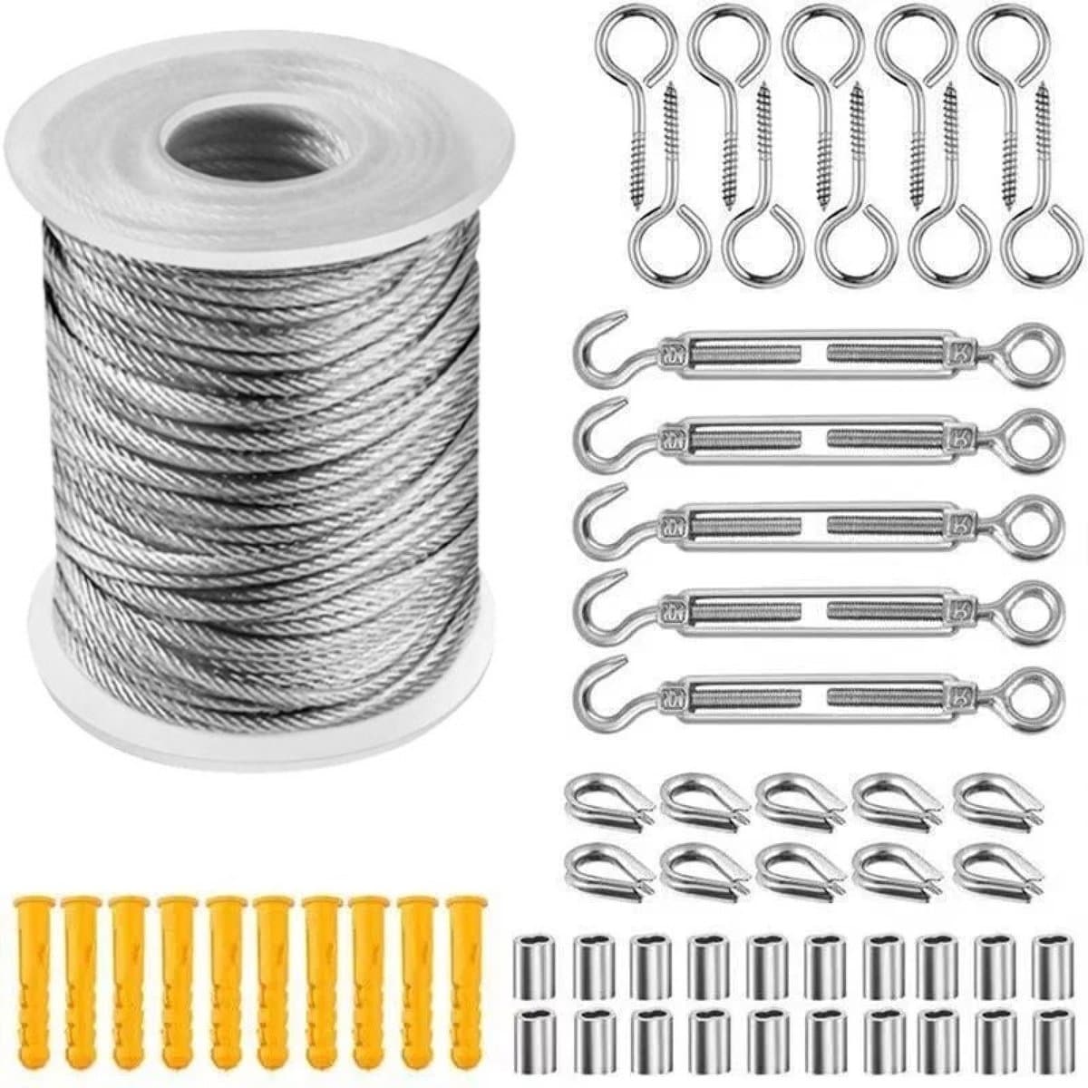 Buitenwaslijn Set – 30 m – PVC-gecoate Roestvrijstalen Kabel – Incl. Bevestigingsmateriaal – Zwart — afbeelding 1
