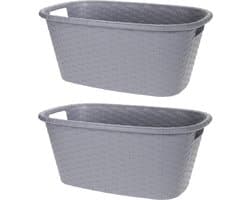 2x Grijze wasmanden 35 liter 60 x 40 x 25 cm - Kunststof/plastic draagmand - De was doen huishoudartikelen - Wasmanden/wasgoedmanden