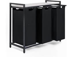 REN® Wasmand 3 Vakken - Wasmand - Wassorteerder - Wasmand Met Deksel - Zwart - 36cm x 84cm x 73cm