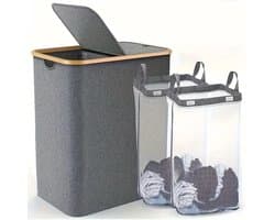 Seth Select Grote Wasmand 150 Liter – Dubbele Sorteermand – Met Bamboe Handgrepen – Grijs