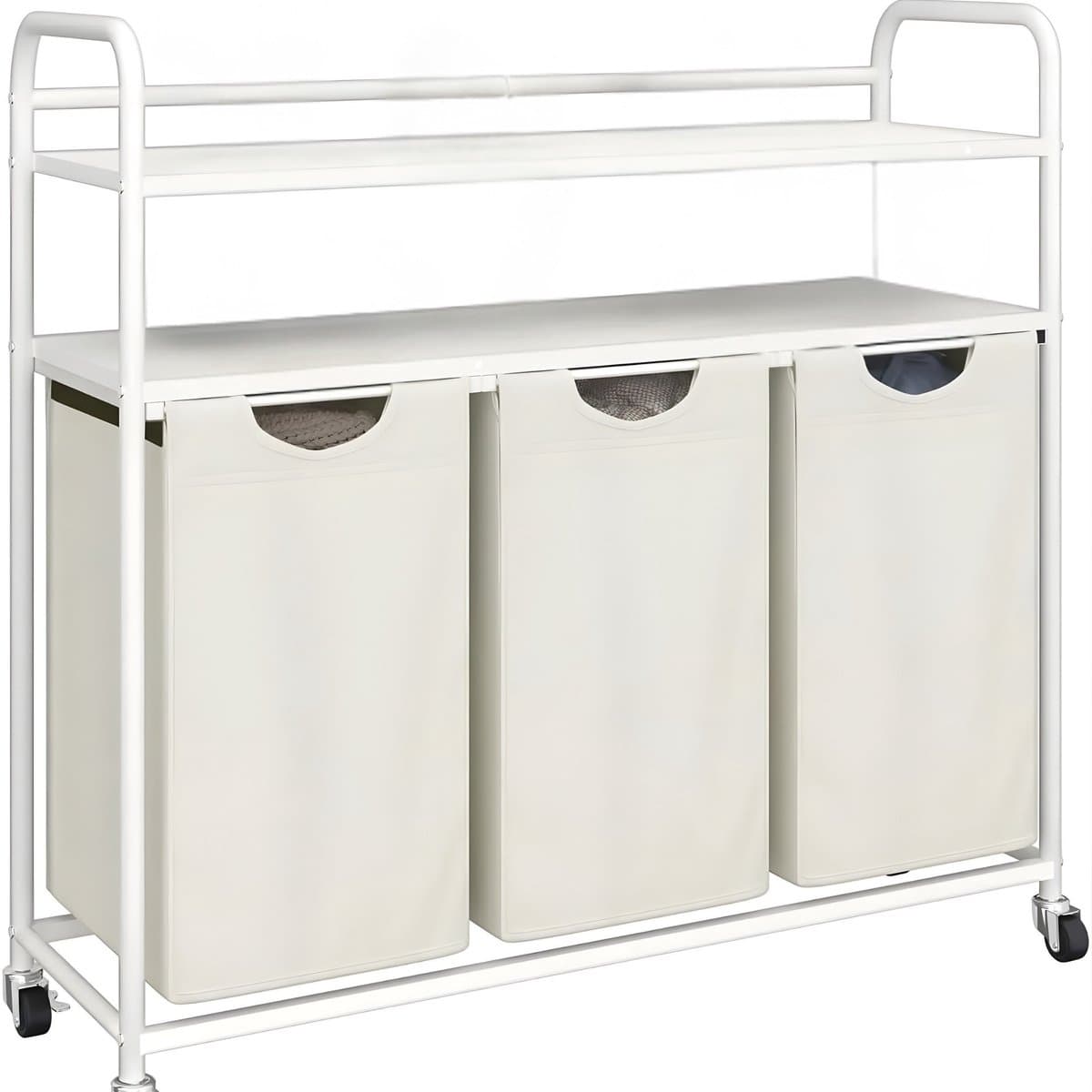 Wasmand – Voor Badkamer & Wasruimte – 3 Compartimenten (3×46L) met 2 Planken, Uitschuifbare Waszak – Ivoor — afbeelding 1