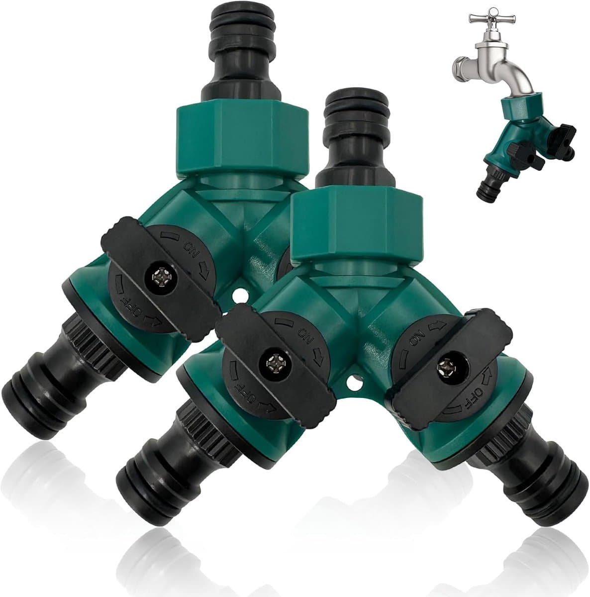 Y Stuk kraan splitter - 2 stuks - Y verdeler tuinslang - Waterverdeler 2-weg - Tuinslangaansluiting - Tuingereedschap - Waterverdeler Wasmachine en Vaatwasser - Voor gebruik in huis en tuin - Groen — afbeelding 1