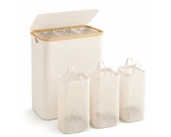 BOTC Wasmand 3 Vakken - Wassorteerder - 160L Capaciteit - Met 3 blanco etiketten - Bamboe Wasmand met Deksel - 75*57*37cm - Crème wit