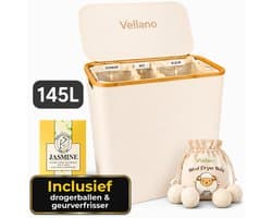 Vellano Wasmand 3 Vakken – Wassorteerder met Deksel – 145L – 3 Uitneembare Waszakken – Bamboe Frame – Incl. Drogerballen & Jasmijn Geurverfrisser
