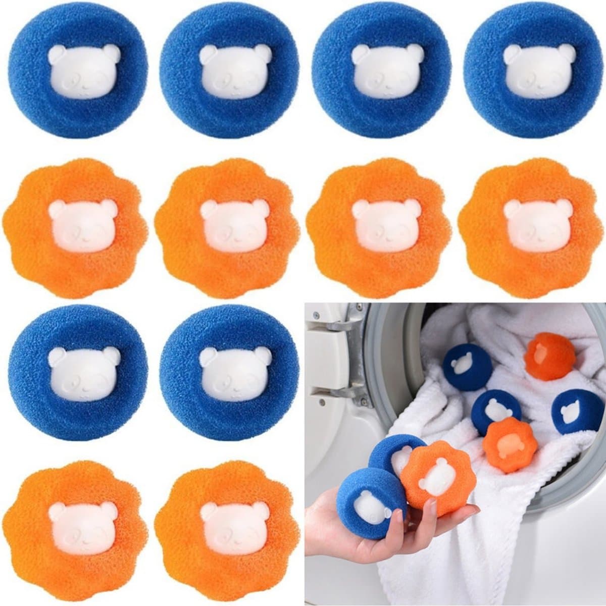12 stuks - Wasmachinehaarverzamelaar - Wasmachinereinigingsspons - Wasballen - Pluizenfilter - Anti-klit - Herbruikbaar - Voor het verzamelen van dierenhaar en pluisjes - Blauw en oranje - 5 x 5 x 4,2 cm - Geschikt voor wasmachines — afbeelding 1