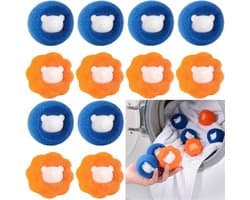 12 stuks - Wasmachinehaarverzamelaar - Wasmachinereinigingsspons - Wasballen - Pluizenfilter - Anti-klit - Herbruikbaar - Voor het verzamelen van dierenhaar en pluisjes - Blauw en oranje - 5 x 5 x 4,2 cm - Geschikt voor wasmachines