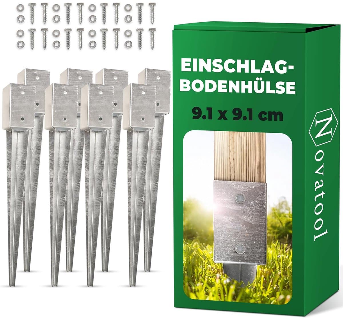 Novatool 8x Grondhulsset 91x91x750 mm, Grondhuls Parasolpaalsteunen Hekpaal Houten paal Grondhulzen Inslaghuls Grondanker Grondpen voor inslaan, Verzinkt, met schroeven — afbeelding 1