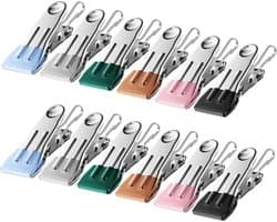 Set van 12 RVS Klemmen voor Kleding met Haken - Winddichte Kleuren Kledingknijpers - Stevige Kledingclips voor Buiten - Ideaal voor Kledinglijn, Chipzakken en Voedsel