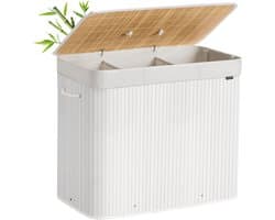 SONGMICS Wasmand met deksel, 3 compartimenten, 170 liter, bamboe wasmand, opvouwbare waszak, afneembaar en machinewasbaar, met handgrepen, voor wasruimte of slaapkamer, wit – LCB013W01