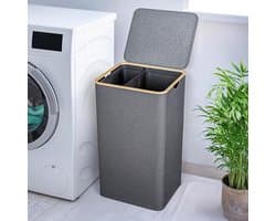 Wasmand met Deksel en 2 Vakken - 100L Grijs - Smal & Hoog - Wasverzamelaar met Bamboeframe