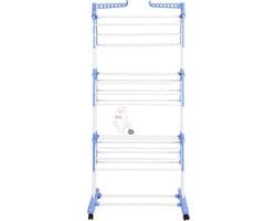 Inklapbaar Droogrek 3 Verdipngen met Wielen - Groot Formaat 75x64x170 cm - Ideaal voor Binnen en Buiten - Blauw/Wit