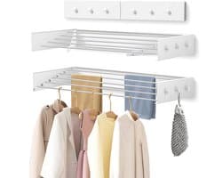 YONO Wanddroogrek Inklapbaar - Droogrek Hangend met 6 Haakjes - Wasrek Muur - Balkon - Wit