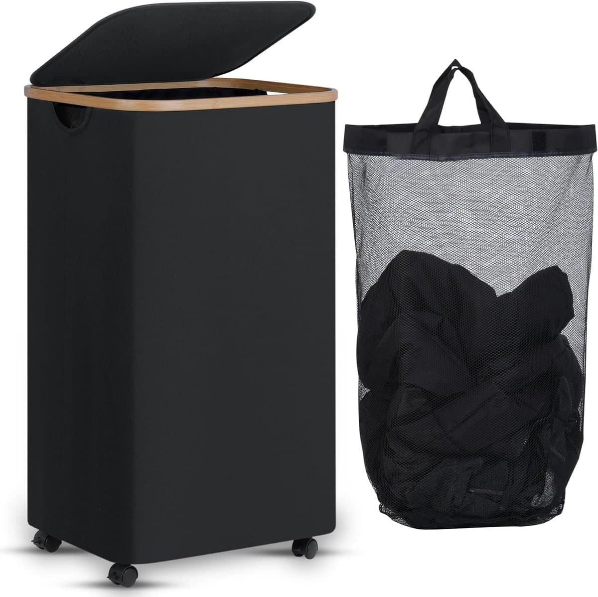 Wasmand op Wielen – 110 Liter – Opvouwbaar – Wasmand Stof - Laundry Basket - Met Deksel & Handvaten - Bamboe - Incl. Waszak - Zwart — afbeelding 1