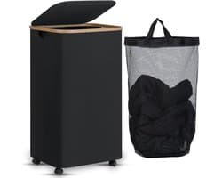 Wasmand op Wielen – 110 Liter – Opvouwbaar – Wasmand Stof - Laundry Basket - Met Deksel & Handvaten - Bamboe - Incl. Waszak - Zwart