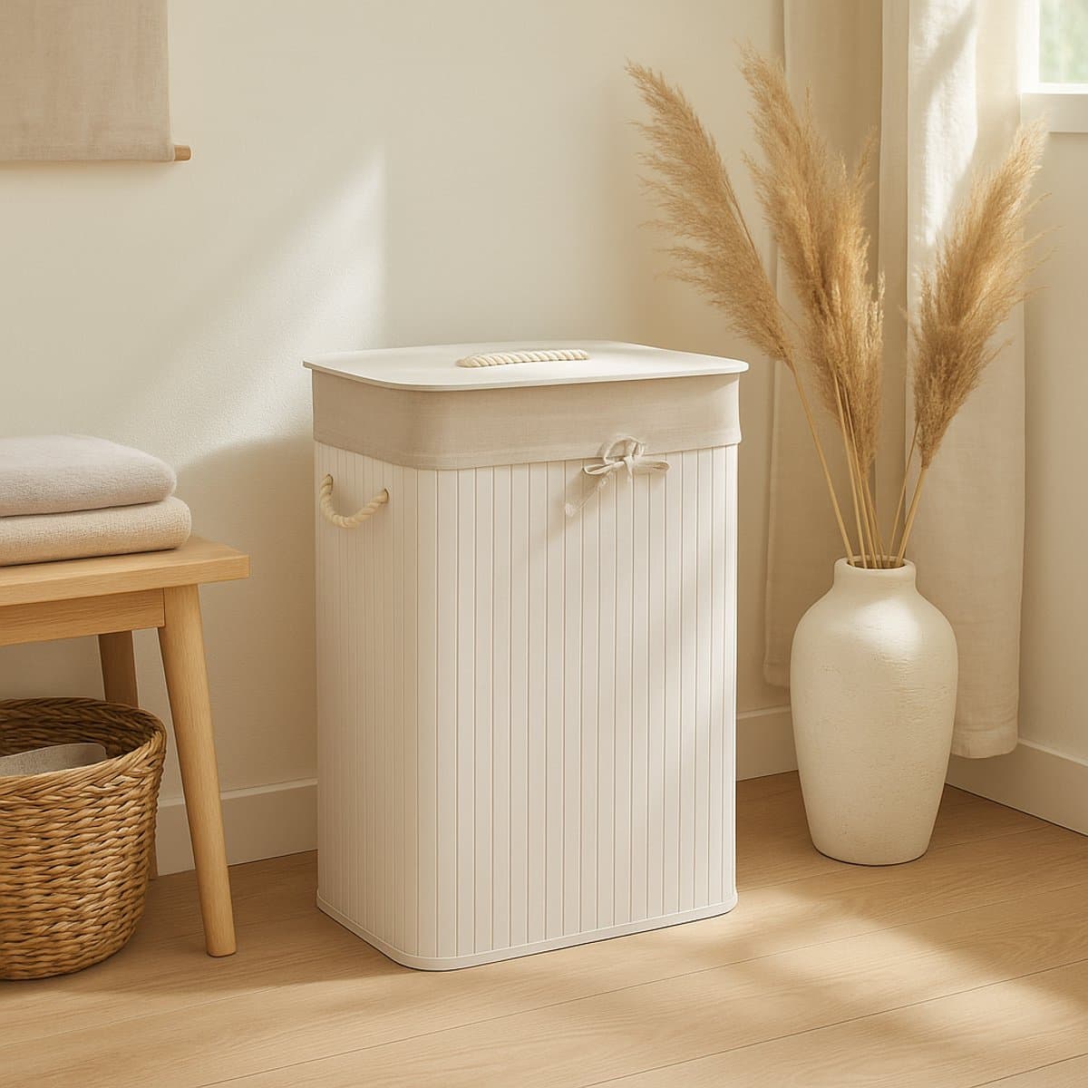 Bamboe wasmand wit met deksel en handvat, 72L — afbeelding 1